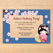 Spring Kokeshi Blauw Transparant Venster Verjaarda Acryl Uitnodigingen (Voorkant)