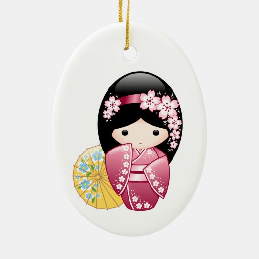 Spring Kokeshi Doll - Cute Japanese Geisha Keramisch Ornament (Achterkant)