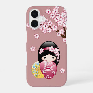 Spring Kokeshi Doll - Cute Japanese Geisha on Pink iPhone 16 Hoesje