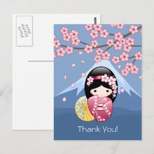 Spring Kokeshi Doll - Japanse geisha wordt in blau Briefkaart