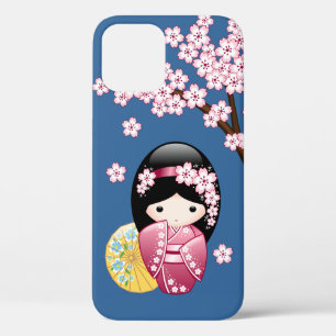 Spring Kokeshi Doll - Japanse geisha wordt in blau iPhone 12 Pro Hoesje
