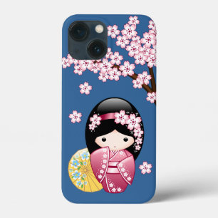 Spring Kokeshi Doll - Japanse geisha wordt in blau iPhone 13 Mini Hoesje