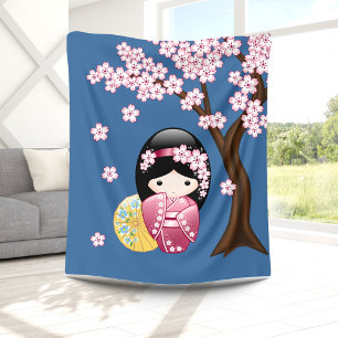 Spring Kokeshi Doll - Japanse geisha wordt in blau Fleece Deken