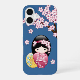 Spring Kokeshi Doll - Japanse geisha wordt in blau iPhone 16 Hoesje