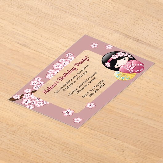 Spring Kokeshi Roze Transparant Venster Verjaardag Acryl Uitnodigingen (Laagn)