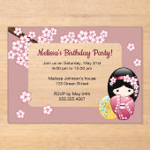 Spring Kokeshi Roze Transparant Venster Verjaardag Acryl Uitnodigingen (Voorkant)