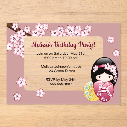 Spring Kokeshi Roze Transparant Venster Verjaardag Acryl Uitnodigingen (Voorkant)