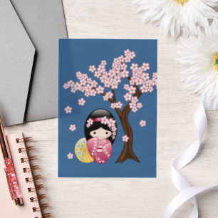 Spring Kokeshi Schattige Japans Geisha Blauw Inser Vellum Uitnodigingen