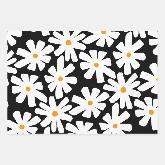 Spring madeliefjes bloemenretro patroon zwart inpakpapier vel (Voorkant 3)