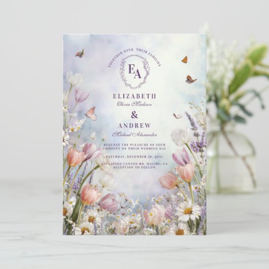 Spring Meadow Wildflower Butterfly Wedding Kaart (Staand voorkant)