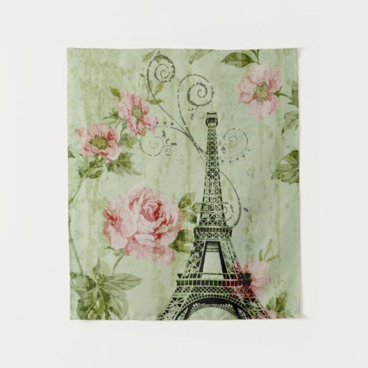 Spring Munt Roze Bloem Frans Parijs Eiffeltoren Wandkleed (Voorkant)