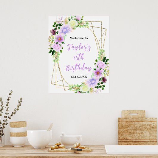 Spring Paarse Bloemen Verjaardagsfeest Welkomstbor Poster (Keuken)
