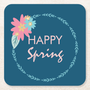 Spring Party Floral Wreath Birthday Flowers Vierkante Kartonnen Onderzetter