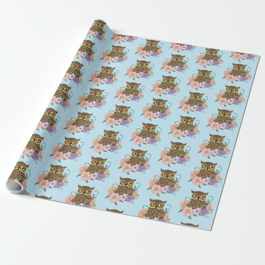Spring Pastel Bloemen Uil Cadeaupapier (Uitgerold)