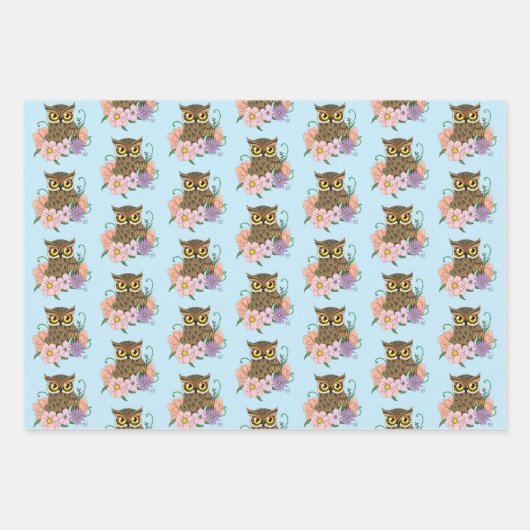 Spring Pastel Bloemen Uil Inpakpapier Vel (Voorkant)
