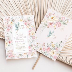 Spring Pastel Roze Ooievaar Wildflower Baby shower Kaart