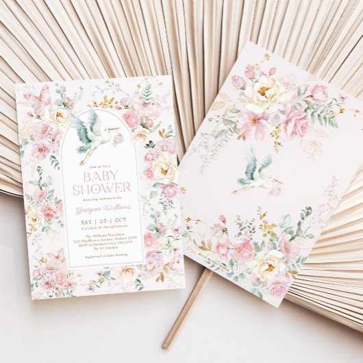 Spring Pastel Roze Ooievaar Wildflower Baby shower Kaart