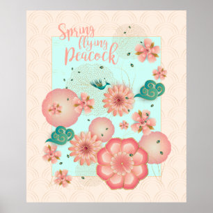 Spring Peach Garden Flying Peacock Floral Ornament Poster