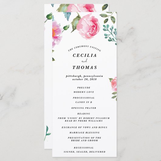 Spring Peony Floral Wedding Programme (Devant / Derrière)