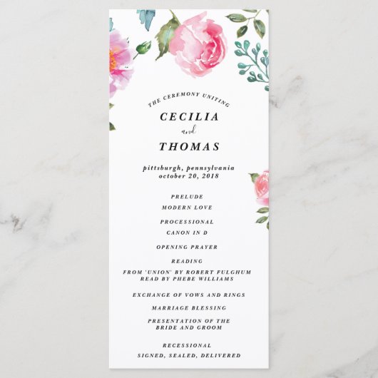 Spring Peony Floral Wedding Programme (Devant)