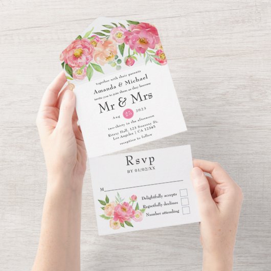 Spring Peony Flower Wedding All In One Uitnodiging (Afscheurbaar)
