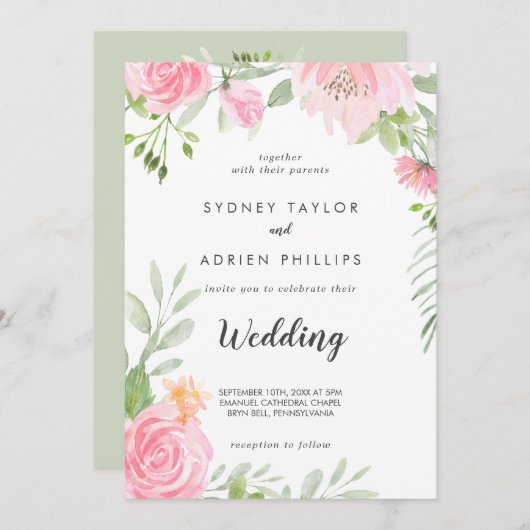 Spring Peony Front and Back Wedding Invitation Kaart (Voorkant / Achterkant)