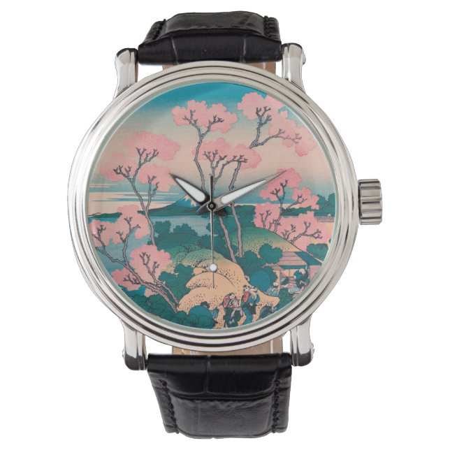 Spring Picnic onder Cherry Tree Flowers Mount Fuji Horloge (Voorkant)