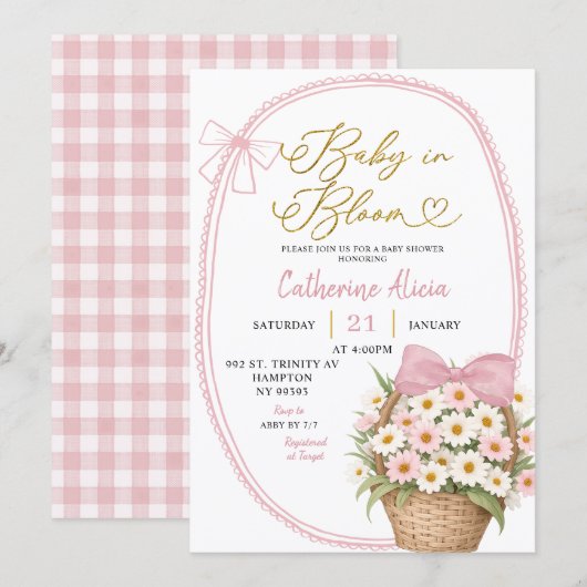 Spring Pink Bow Daisy Baby in Bloom Baby Shower Kaart (Voorkant / Achterkant)