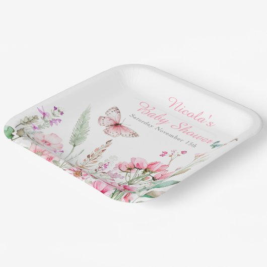 Spring Pink Butterfly Floral Baby shower Papieren Bordje (Gebogen)