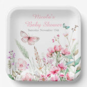 Spring Pink Butterfly Floral Baby shower Papieren Bordje (Voorkant)