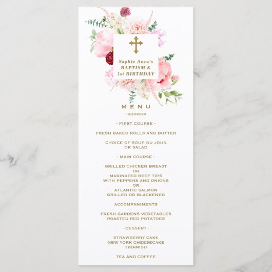 Spring Pink Floral 1st Birthday & Baptisme Menu (Voorkant)