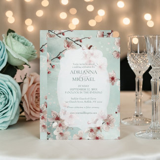 Spring Pink Floral on Teal Wedding Invitation