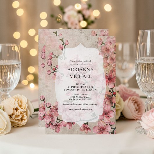 Spring Pink Floral Wedding Invitation Kaart