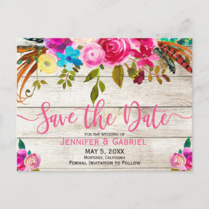 Spring Pink Floral Wood Typografie Save the Date Aankondigingskaart