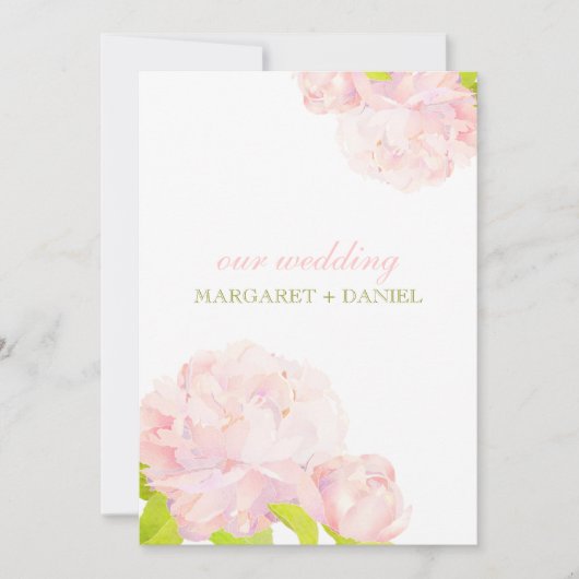 Spring Pink + Green Peony Wedding Kaart (Voorkant)