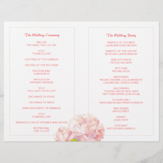 Spring Pink Peony Bi Programme de mariage plié (Dos)