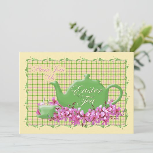Spring Pinks en Teapot Easter Tea Kaart (Staand voorkant)