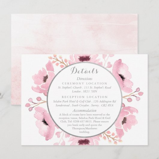 Spring Pinks Waterverf Floral Wedding Details Kaart (Voorkant / Achterkant)