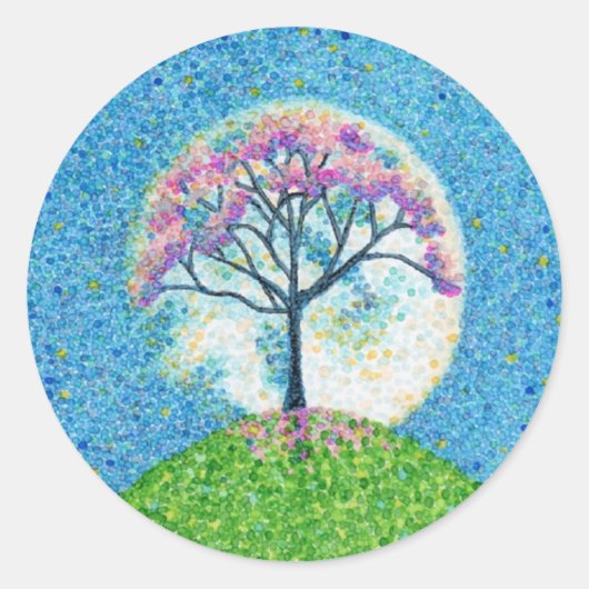 Spring Pointillism Tree Moon Ronde Sticker (Voorkant)