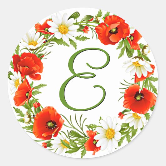 Spring Poppies Daisies Monogram Wreath Ronde Sticker (Voorkant)