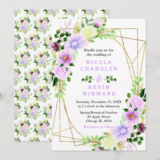 Spring Purple Flowers with Foliage Wedding Kaart (Voorkant / Achterkant)