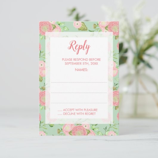 Spring Ranunculus Mint Floral Wedding Reactie Kaar RSVP Kaartje (Staand voorkant)