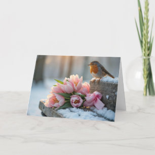 Spring Robin met roze tulpen Kaart