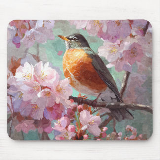 Spring Robin Pink Cherry Blossom Mousepad Muismat