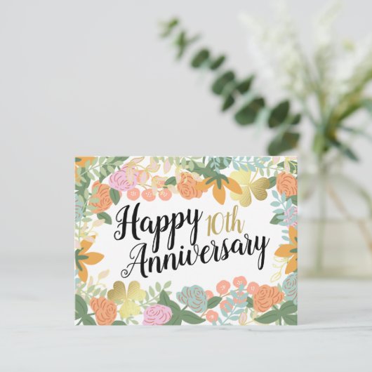 Spring Roos Bloom Clover Happy 10th Jubileum Briefkaart (Staand voorkant)