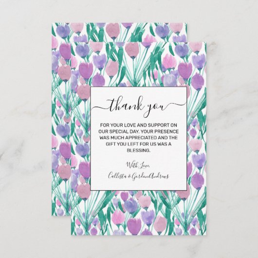 Spring roze Paarse Tulip Floral Waterverf Bedankkaart (Voorkant / Achterkant)