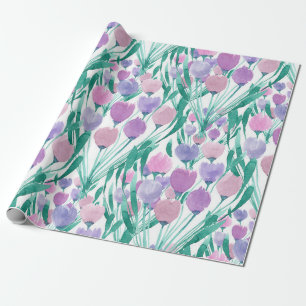 Spring roze Paarse Tulip Floral Waterverf Cadeaupapier