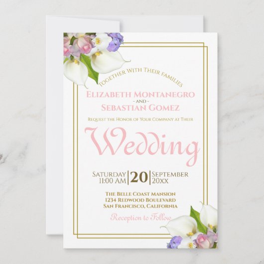 Spring Rozen & Calla Lelies Goud en Roze Bruiloft Kaart (Voorkant)