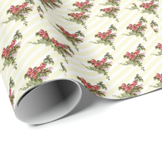 Spring Rozen op Yellow Stripes Wrapping Paper Cadeaupapier (Rol Hoek)