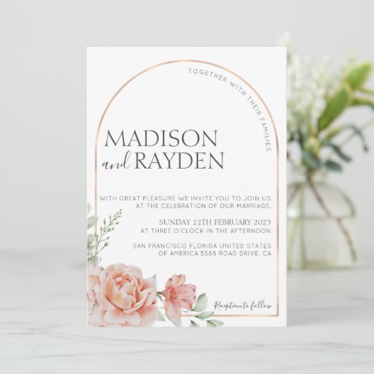 Spring Rustic Blush roze Floral met foto bruiloft Kaart (Staand voorkant)